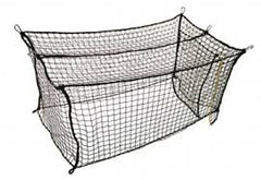 Line graphic of batting cage, with baffle net at batter end, door, border roping